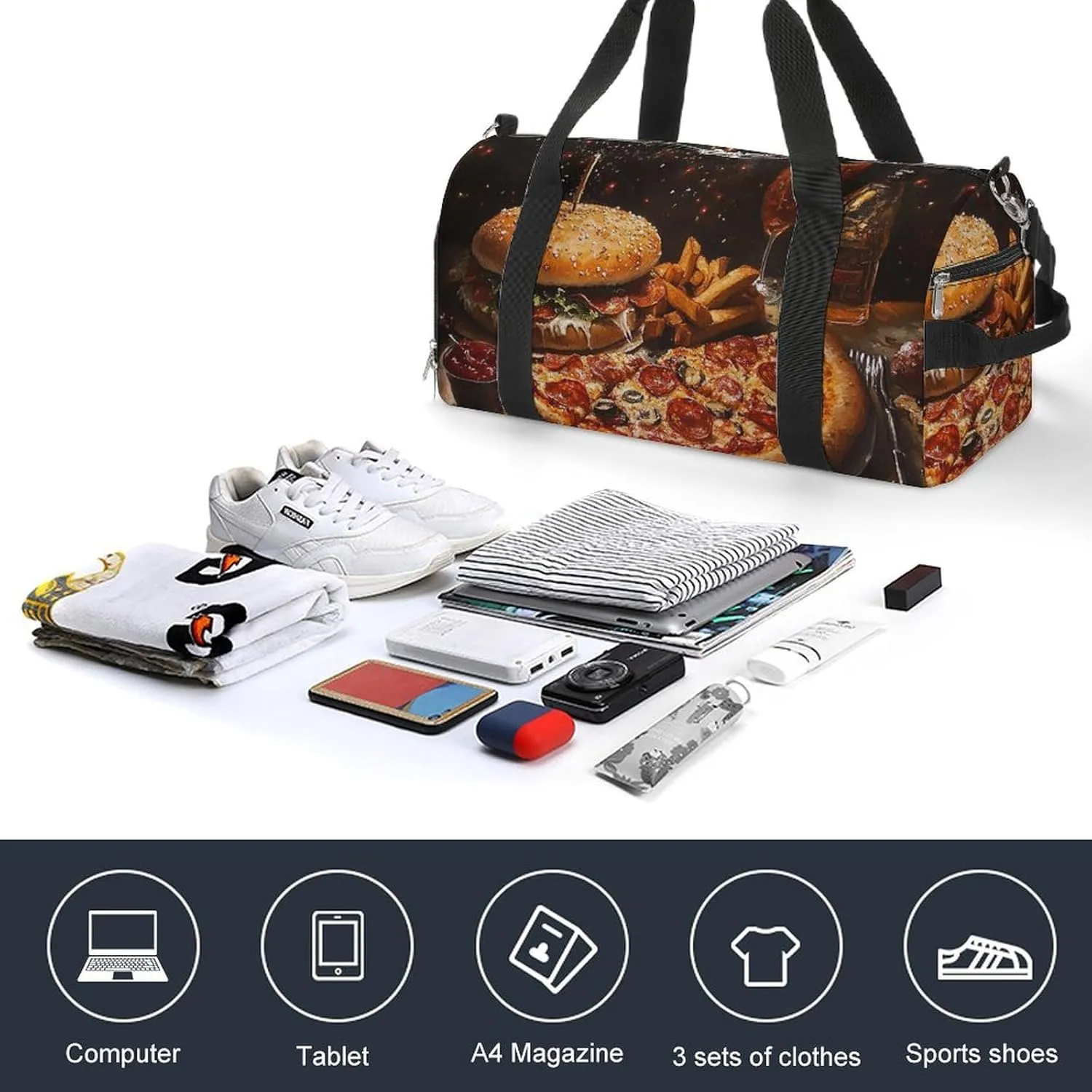 Pizza And Hamburg Fitness Large Gym Bag for Unisex with Shoe Compartment & Wet Pocket