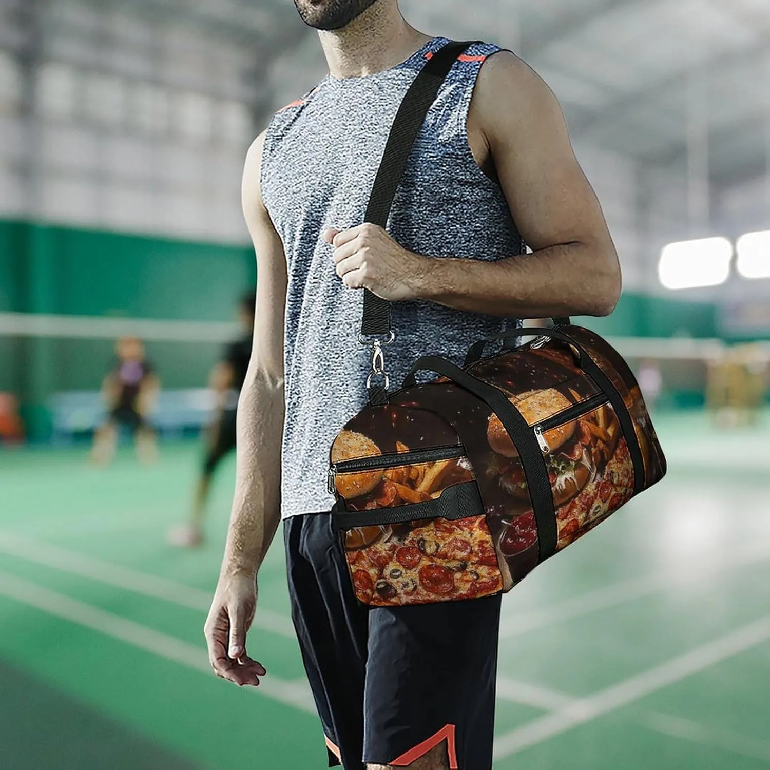 Pizza And Hamburg Fitness Large Gym Bag for Unisex with Shoe Compartment & Wet Pocket