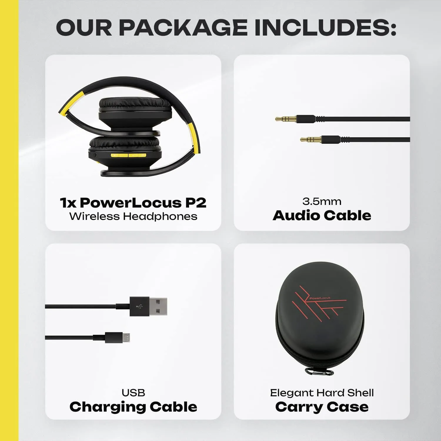 PowerLocus Bluetooth Over-Ear Headphones, Wireless Stereo Foldable Headphones Wireless and Wired Headsets with Built-in Mic, Micro SD/TF, FM for iPhone/Samsung/iPad/PC (Black/Yellow)