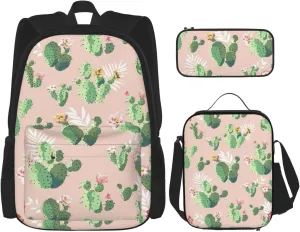 Premium Cactus Pattern Print 3-in-1 Backpack Set with Lunch Bag & Pencil Case Portable Bag Set