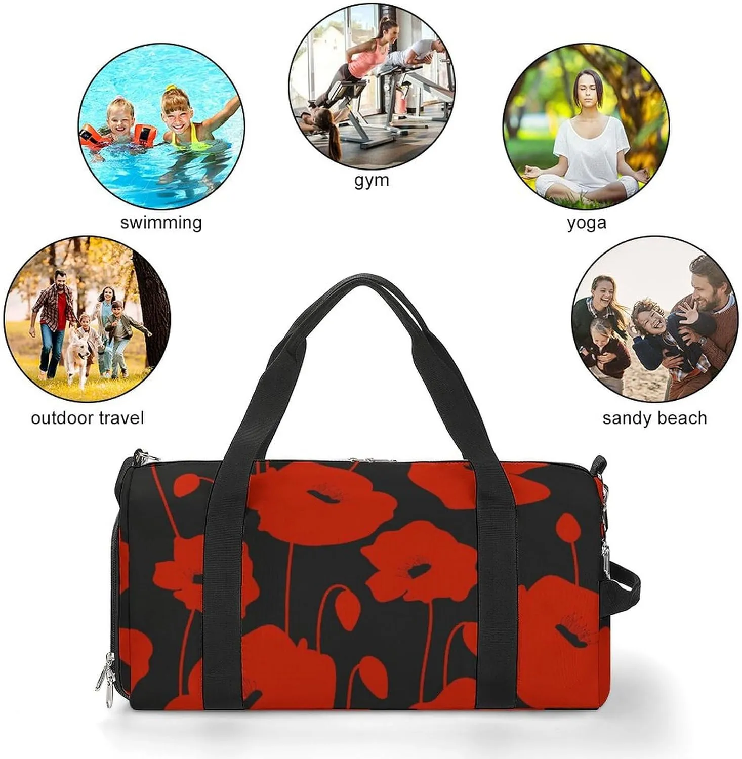 Red Poppy Flower Fitness Large Gym Bag for Unisex with Shoe Compartment & Wet Pocket