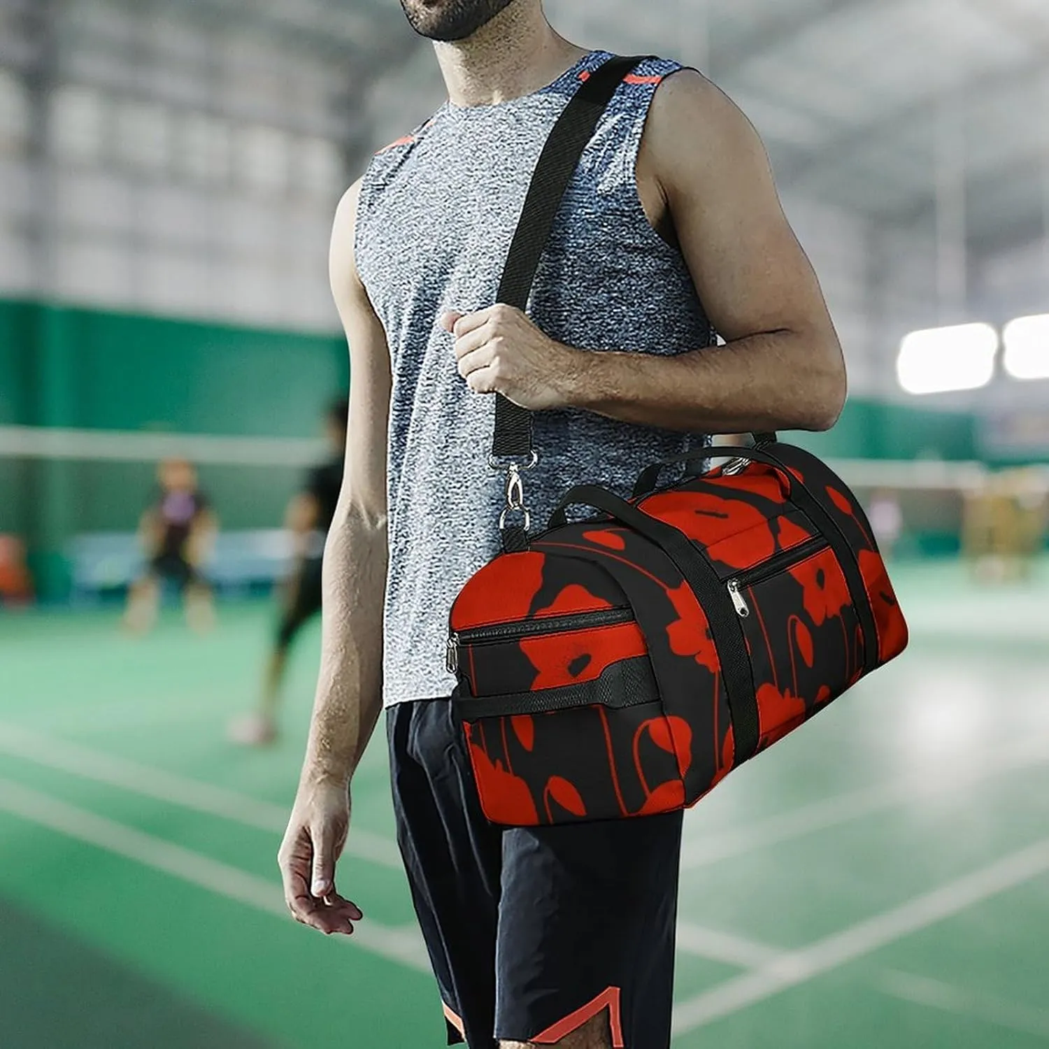 Red Poppy Flower Fitness Large Gym Bag for Unisex with Shoe Compartment & Wet Pocket