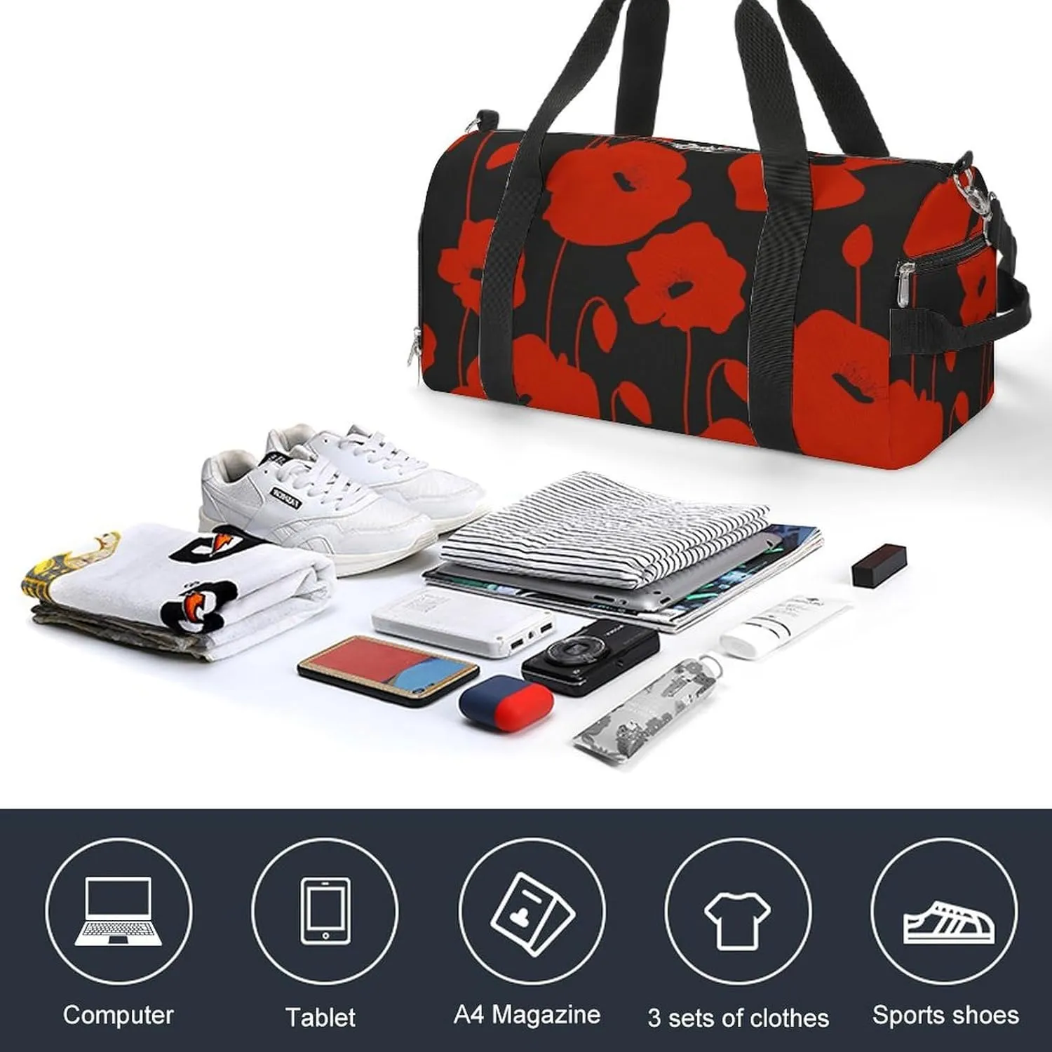 Red Poppy Flower Fitness Large Gym Bag for Unisex with Shoe Compartment & Wet Pocket