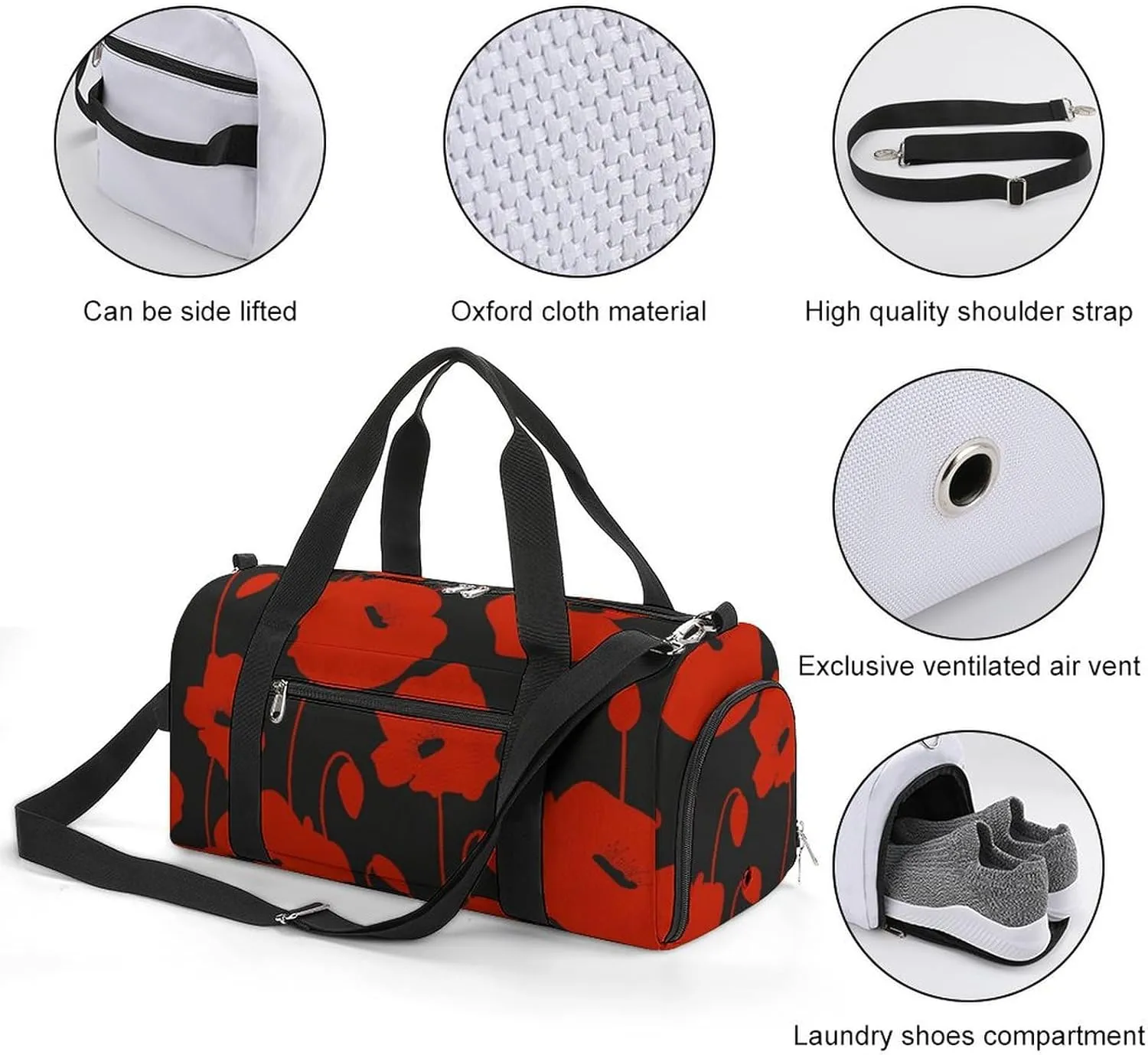 Red Poppy Flower Fitness Large Gym Bag for Unisex with Shoe Compartment & Wet Pocket