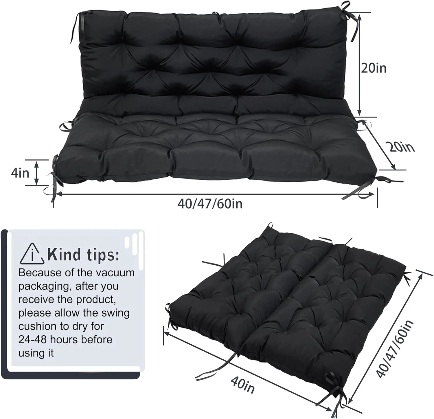 Replacement Swing Cushions for Outdoor Furniture: 2-3 Seater Waterproof Porch Bench Cushions with Ties and Backrest - 4" Thick Patio Swing Chair Cushion for Garden Backyard