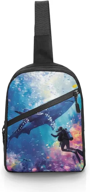 Scuba Diver and Whale Shark Swim Together Chest Bag Foldable Crossbody Unisex Pack Travel Hiking Adjustable Shoulder Straps Sling Bags