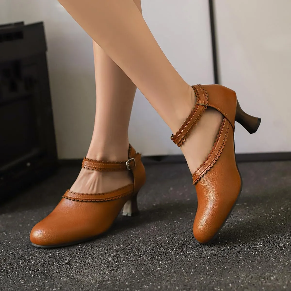 SHODENSE Women Kitten Heels Mary Jane Oxford Shoes Round Closed Toe Ankle Strap Dress Sandals Cutout Mid Block Heel Mary Jane Pumps Matte Criss-Cross Strappy Pumps Office Ladies Work Party 4-17 M US
