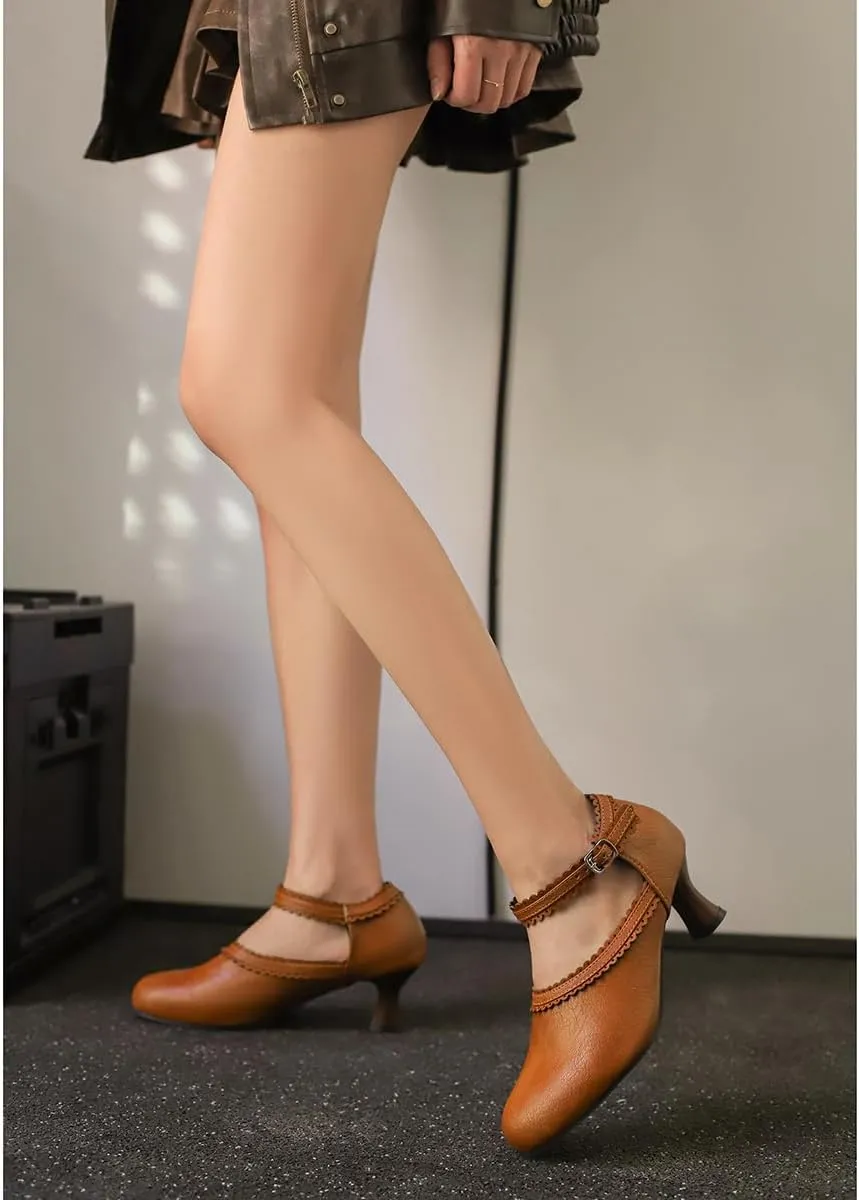 SHODENSE Women Kitten Heels Mary Jane Oxford Shoes Round Closed Toe Ankle Strap Dress Sandals Cutout Mid Block Heel Mary Jane Pumps Matte Criss-Cross Strappy Pumps Office Ladies Work Party 4-17 M US
