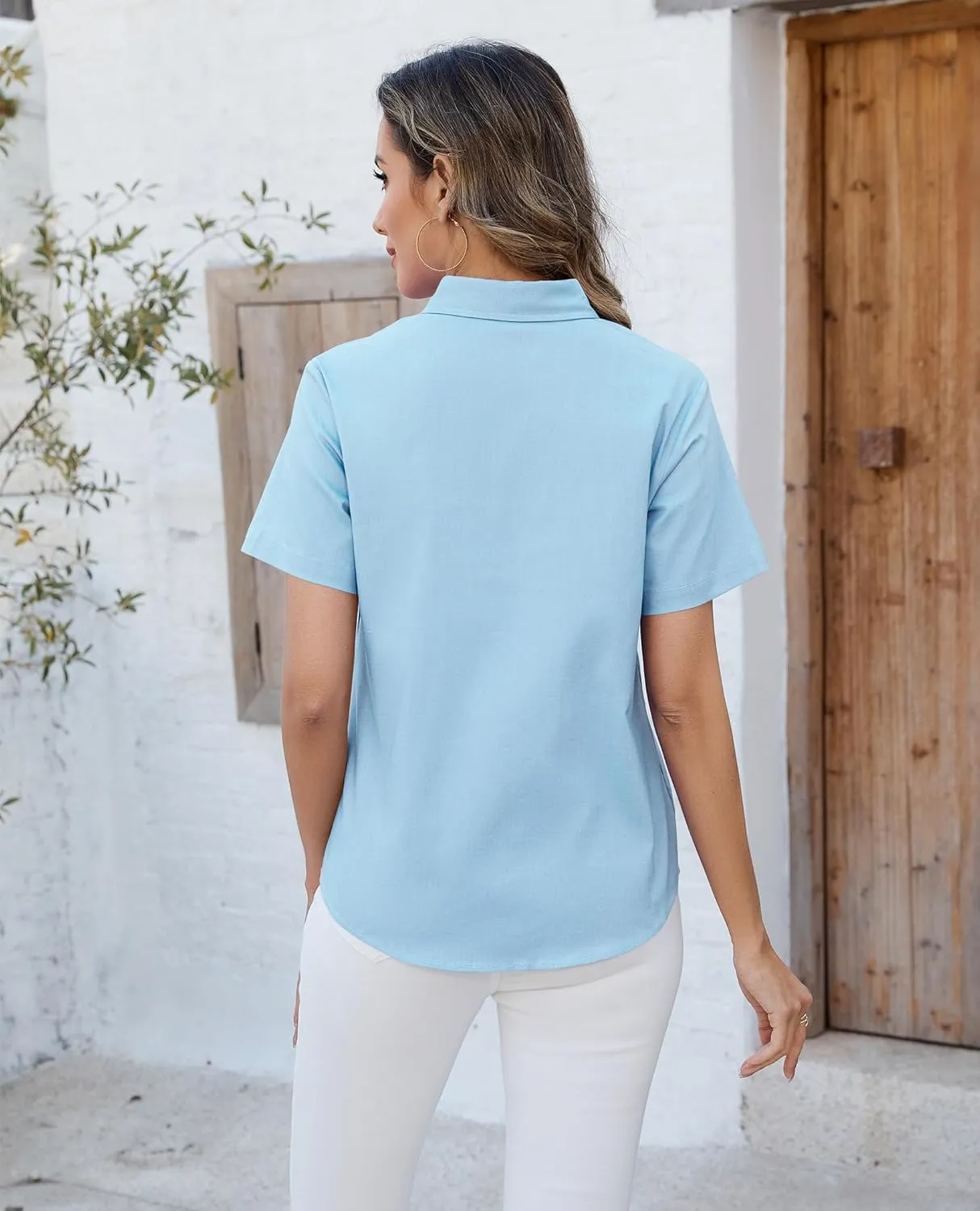 siliteelon Button Down Shirts Women Oxford Shirts Short Sleeve Cotton Wrinkle Free Dress Shirts Work Office Blouse