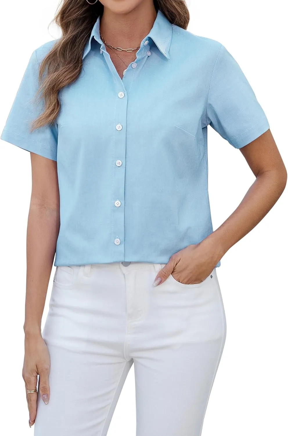 siliteelon Button Down Shirts Women Oxford Shirts Short Sleeve Cotton Wrinkle Free Dress Shirts Work Office Blouse