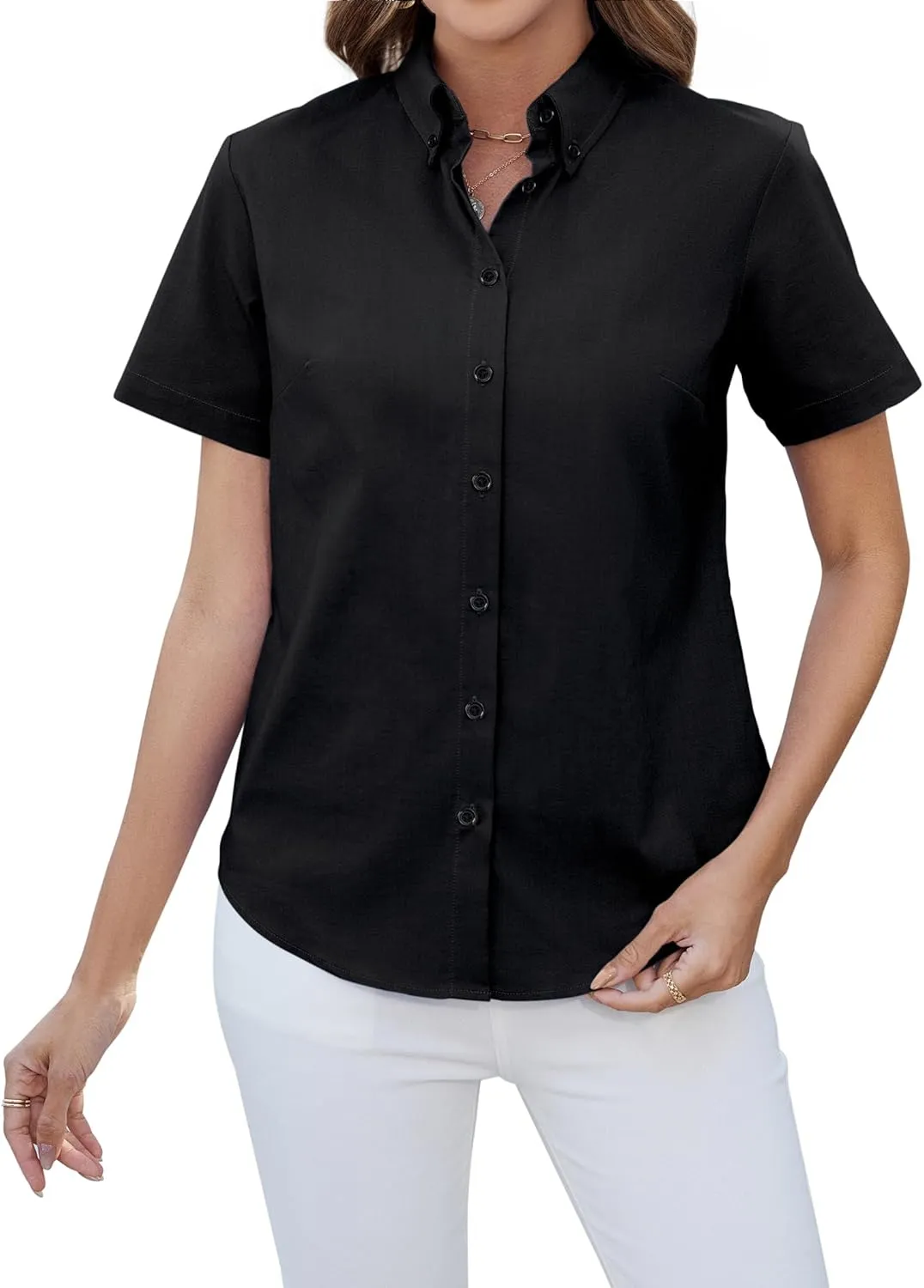 siliteelon Button Down Shirts Women Oxford Shirts Short Sleeve Cotton Wrinkle Free Dress Shirts Work Office Blouse