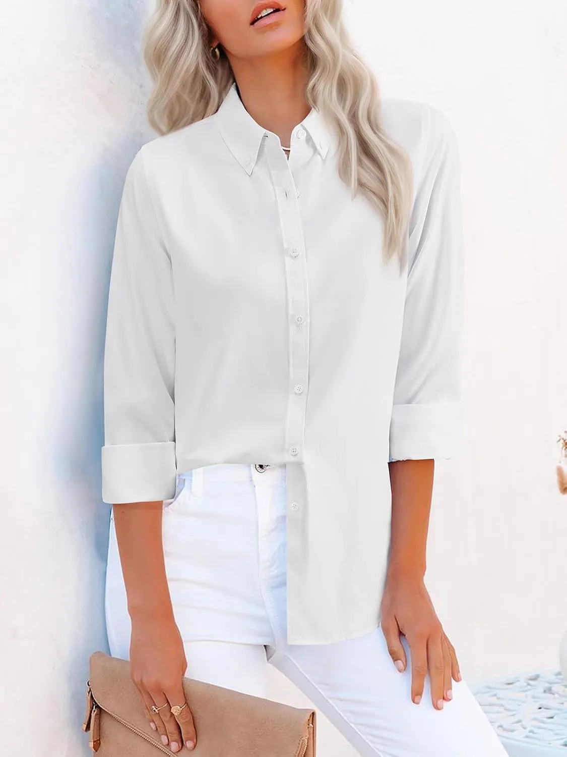 siliteelon Fitted Button Down Shirts for Women Oxford Shirt Cotton Dress Shirts Collared Long Sleeve Wrinkle Free Blouse Tops