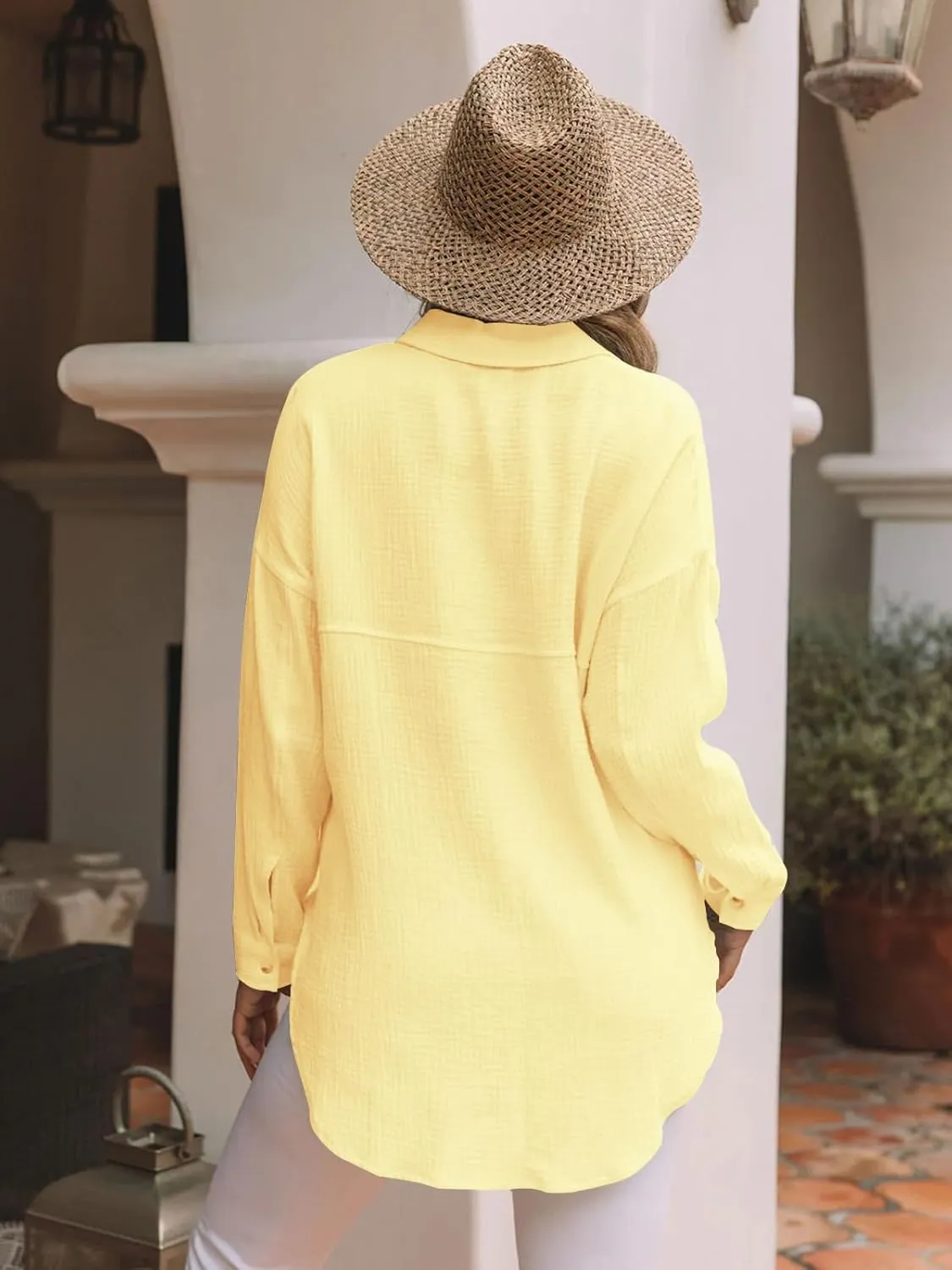 siliteelon Womens Button Down Shirts Cotton Gauze Long Sleeve Oversized Boyfriend Blouses Collared Dress Tops with Pockets