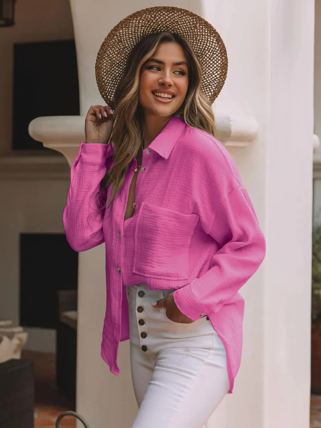 siliteelon Womens Button Down Shirts Cotton Gauze Long Sleeve Oversized Boyfriend Blouses Collared Dress Tops with Pockets