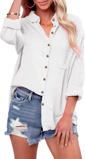 siliteelon Womens Button Down Shirts Cotton Gauze Long Sleeve Oversized Boyfriend Blouses Collared Dress Tops with Pockets