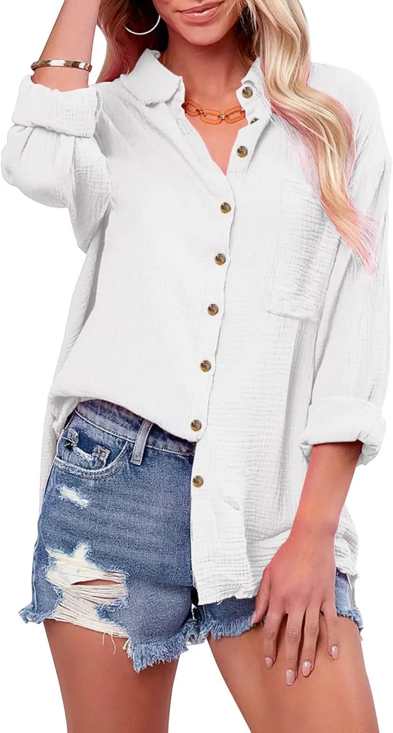 siliteelon Womens Button Down Shirts Cotton Gauze Long Sleeve Oversized Boyfriend Blouses Collared Dress Tops with Pockets