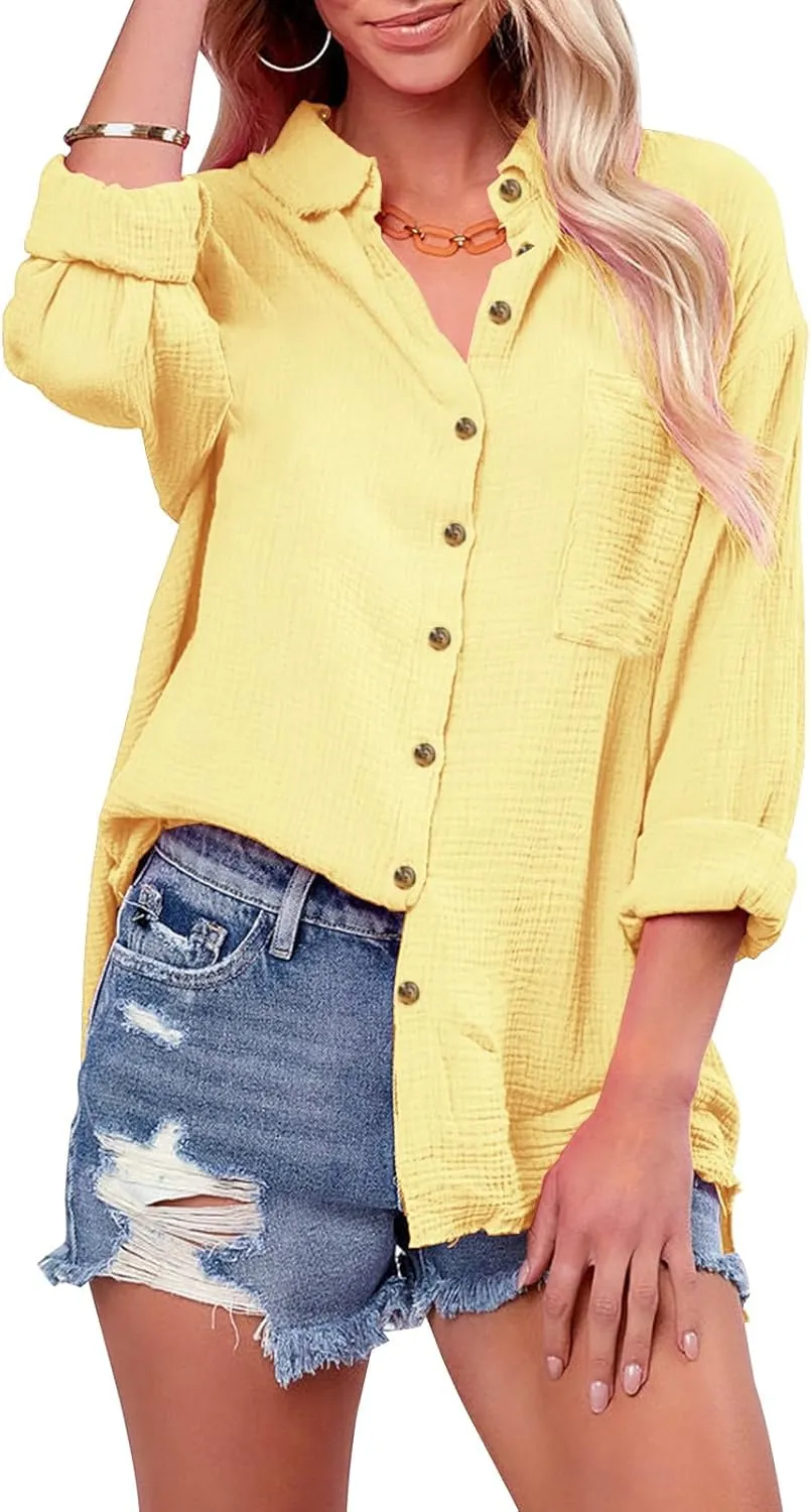 siliteelon Womens Button Down Shirts Cotton Gauze Long Sleeve Oversized Boyfriend Blouses Collared Dress Tops with Pockets
