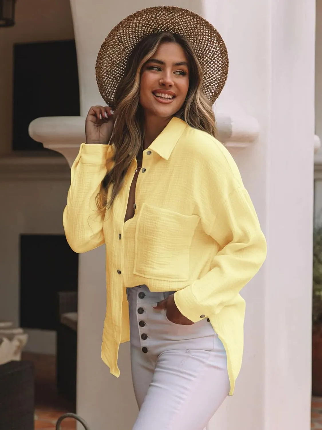 siliteelon Womens Button Down Shirts Cotton Gauze Long Sleeve Oversized Boyfriend Blouses Collared Dress Tops with Pockets