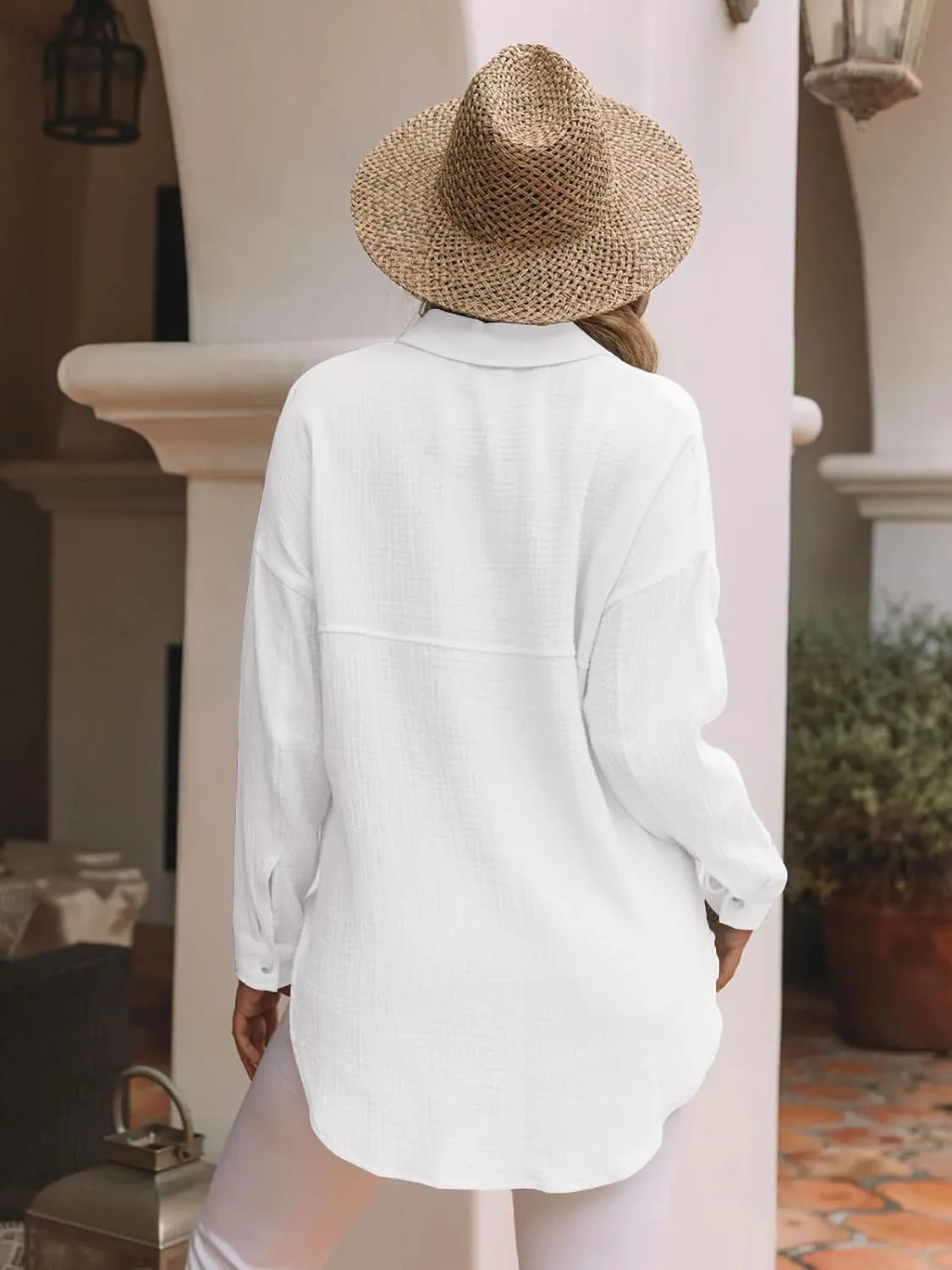 siliteelon Womens Button Down Shirts Cotton Gauze Long Sleeve Oversized Boyfriend Blouses Collared Dress Tops with Pockets