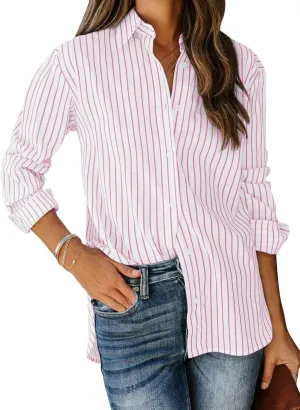 siliteelon Womens Button Down Shirts Cotton Striped Dress Shirt Long Sleeve Collared Office Work Blouses Tops