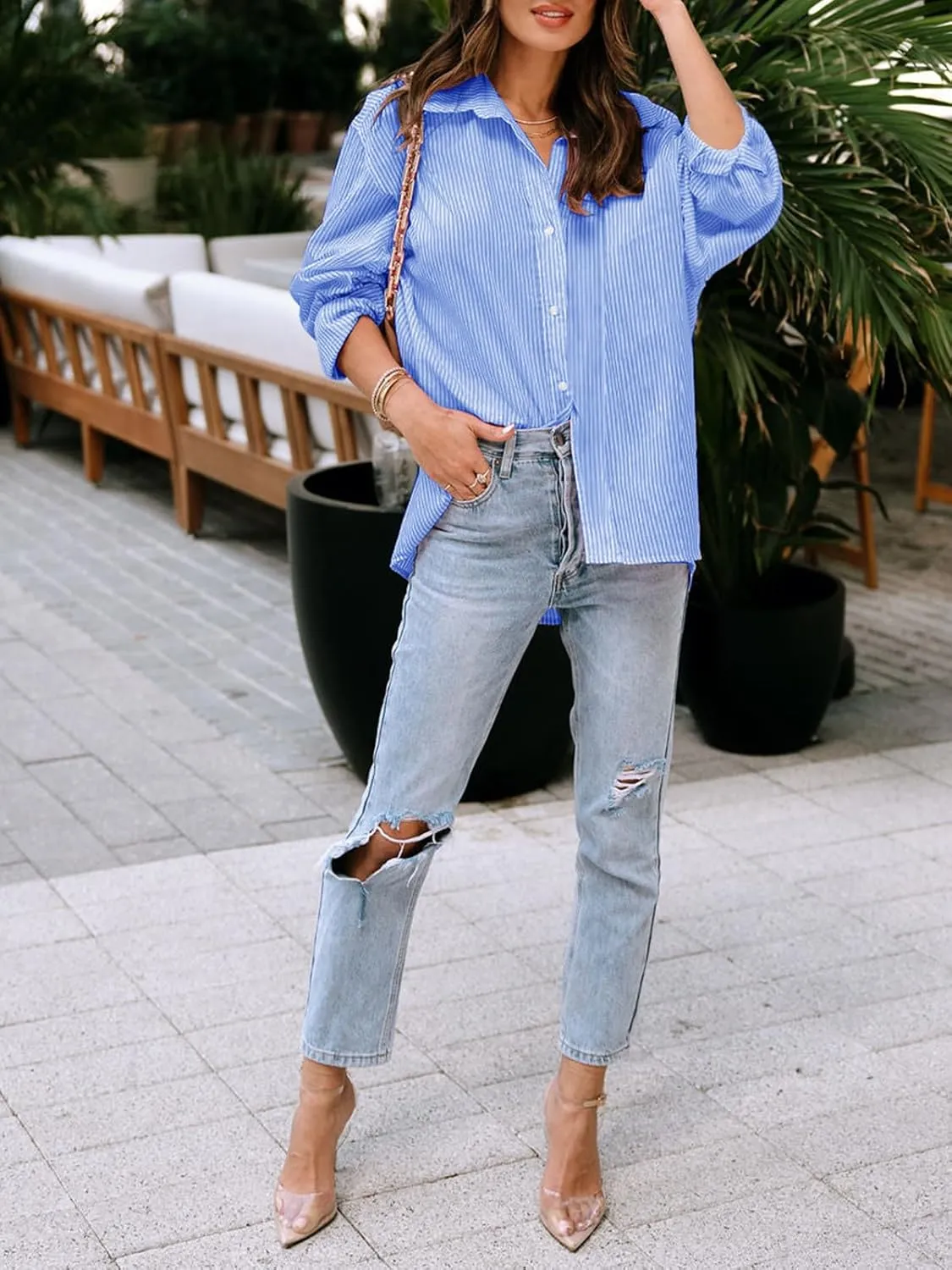 siliteelon Womens Button Down Shirts Cotton Striped Dress Shirt Long Sleeve Collared Office Work Blouses Tops