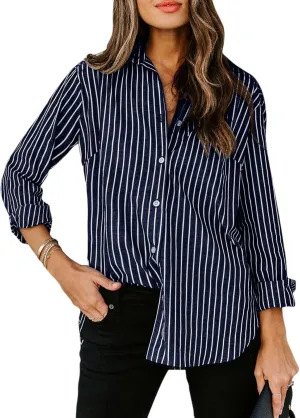 siliteelon Womens Button Down Shirts Cotton Striped Dress Shirt Long Sleeve Collared Office Work Blouses Tops