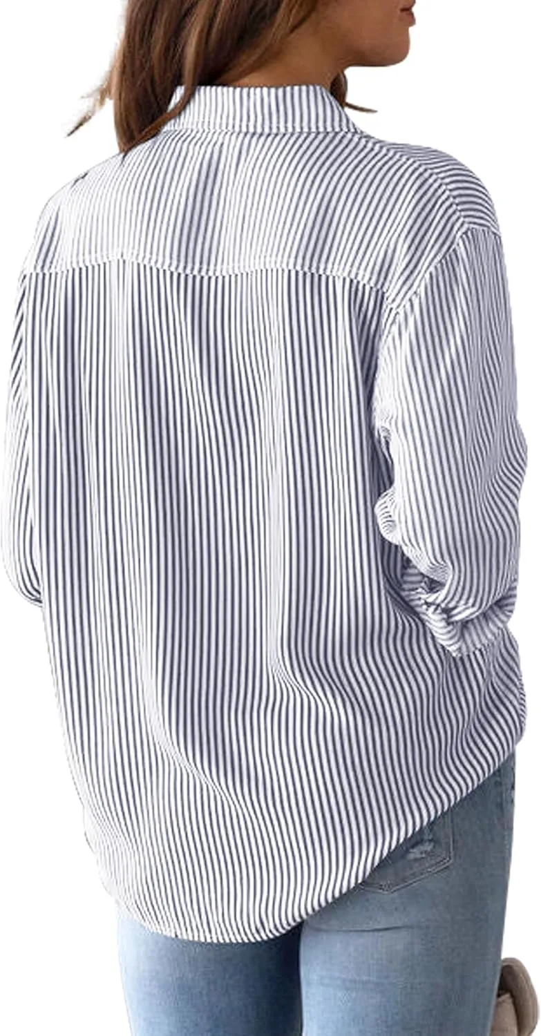 siliteelon Womens Button Down Shirts Cotton Striped Dress Shirt Long Sleeve Collared Office Work Blouses Tops
