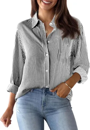 siliteelon Womens Button Down Shirts Cotton Striped Dress Shirt Long Sleeve Collared Office Work Blouses Tops