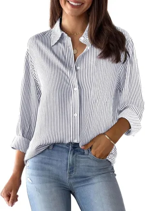 siliteelon Womens Button Down Shirts Cotton Striped Dress Shirt Long Sleeve Collared Office Work Blouses Tops