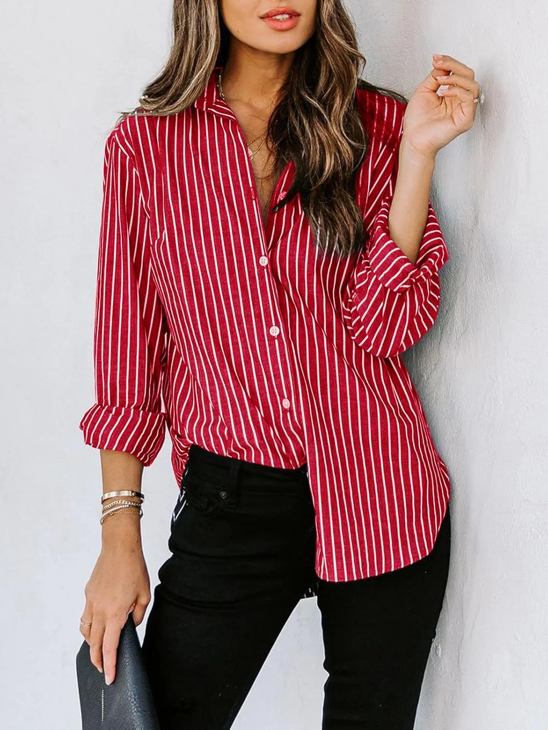 siliteelon Womens Button Down Shirts Cotton Striped Dress Shirt Long Sleeve Collared Office Work Blouses Tops