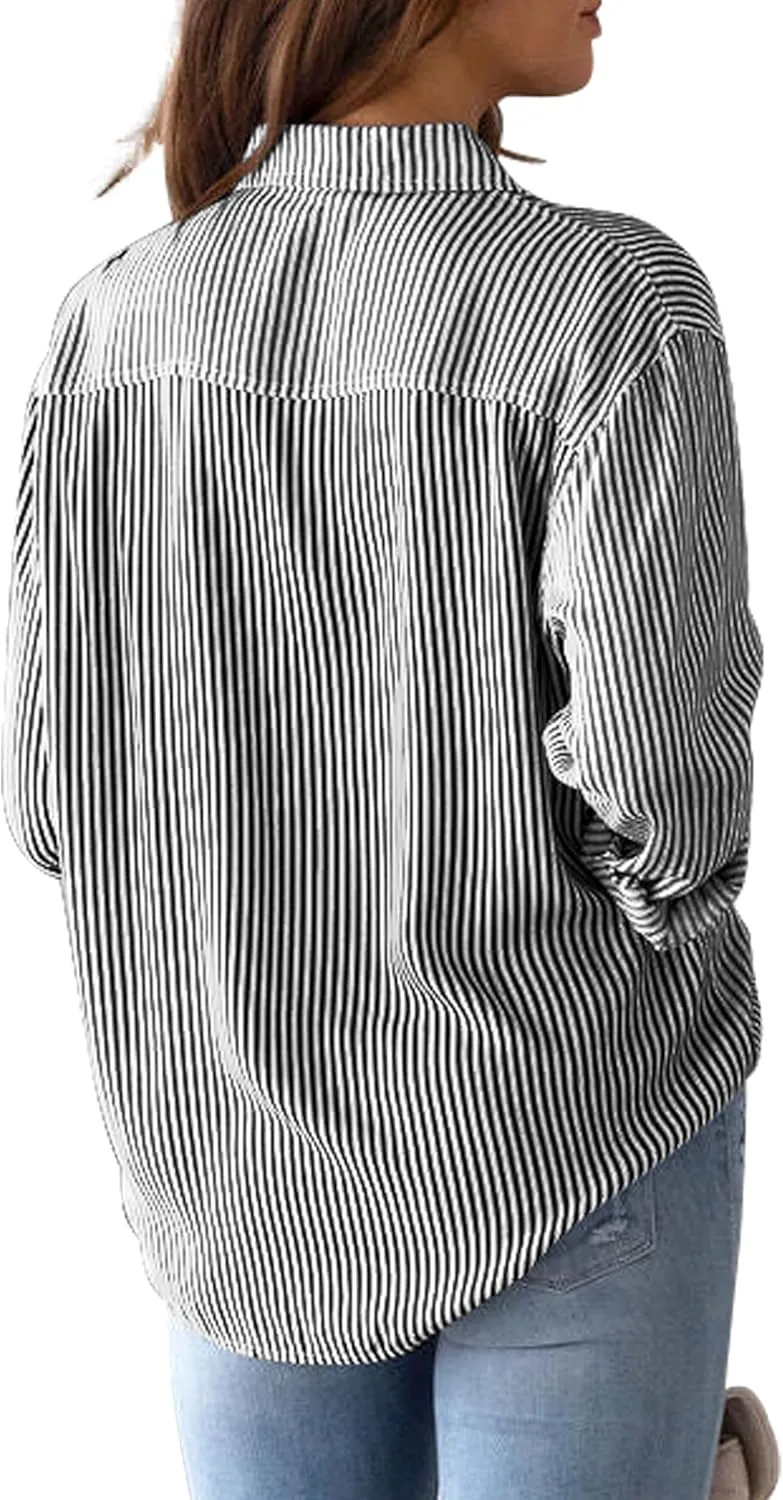 siliteelon Womens Button Down Shirts Cotton Striped Dress Shirt Long Sleeve Collared Office Work Blouses Tops