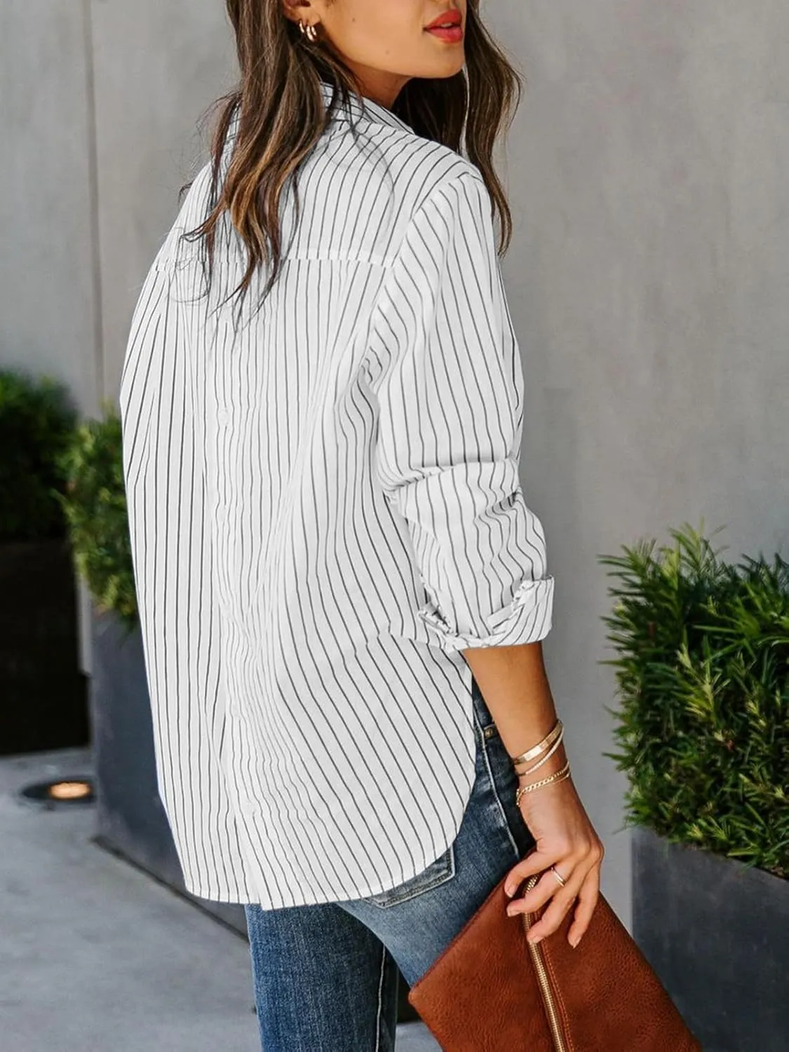 siliteelon Womens Button Down Shirts Cotton Striped Dress Shirt Long Sleeve Collared Office Work Blouses Tops