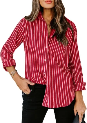 siliteelon Womens Button Down Shirts Cotton Striped Dress Shirt Long Sleeve Collared Office Work Blouses Tops