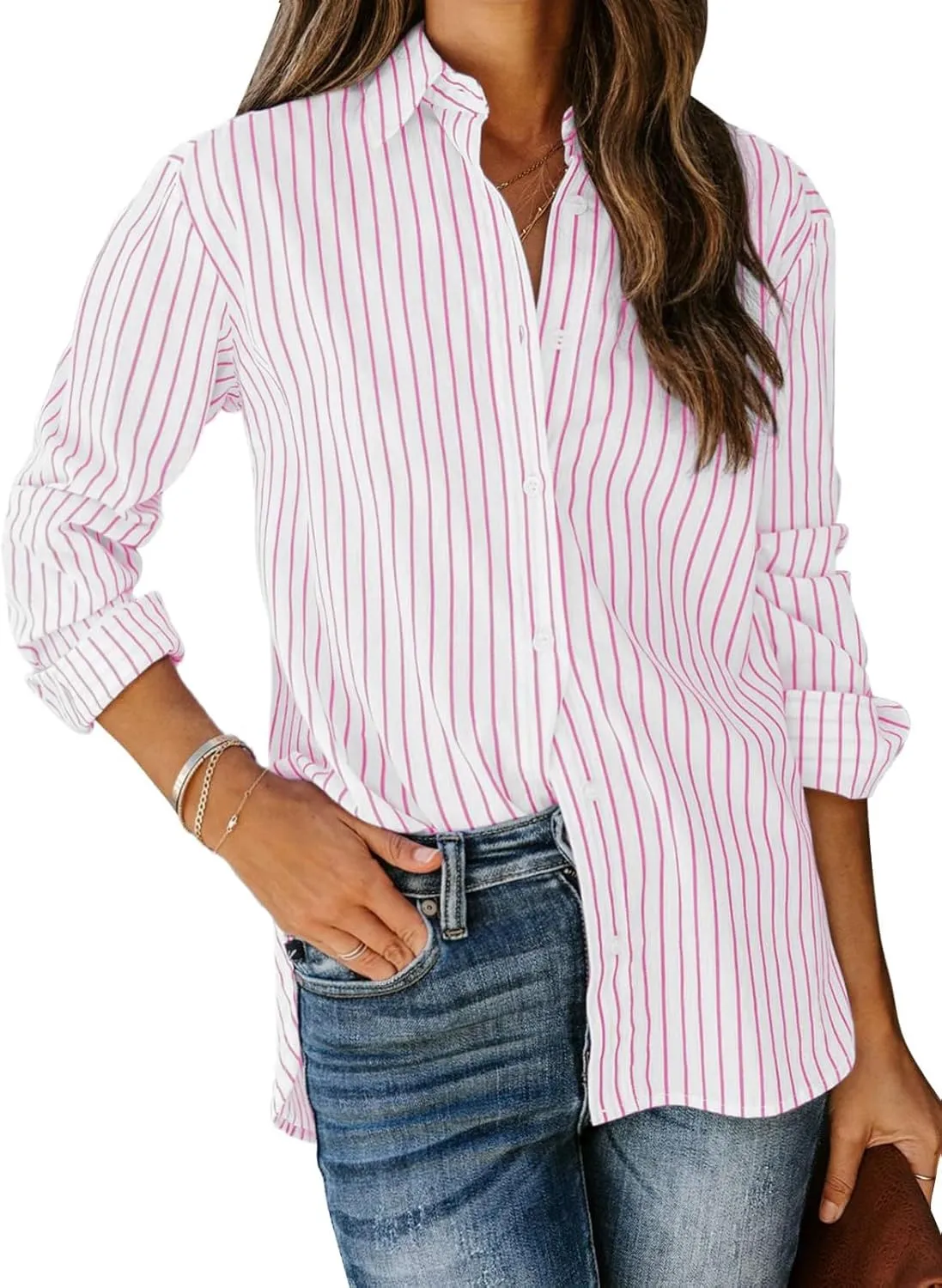 siliteelon Womens Button Down Shirts Cotton Striped Dress Shirt Long Sleeve Collared Office Work Blouses Tops