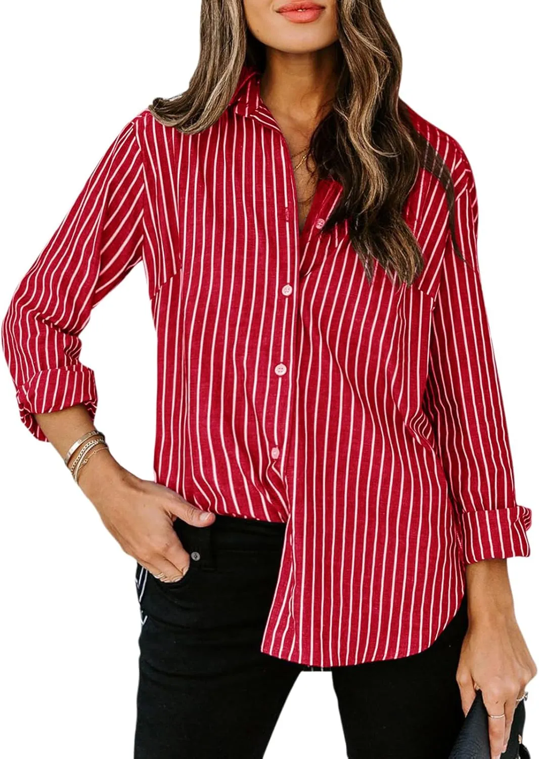 siliteelon Womens Button Down Shirts Cotton Striped Dress Shirt Long Sleeve Collared Office Work Blouses Tops