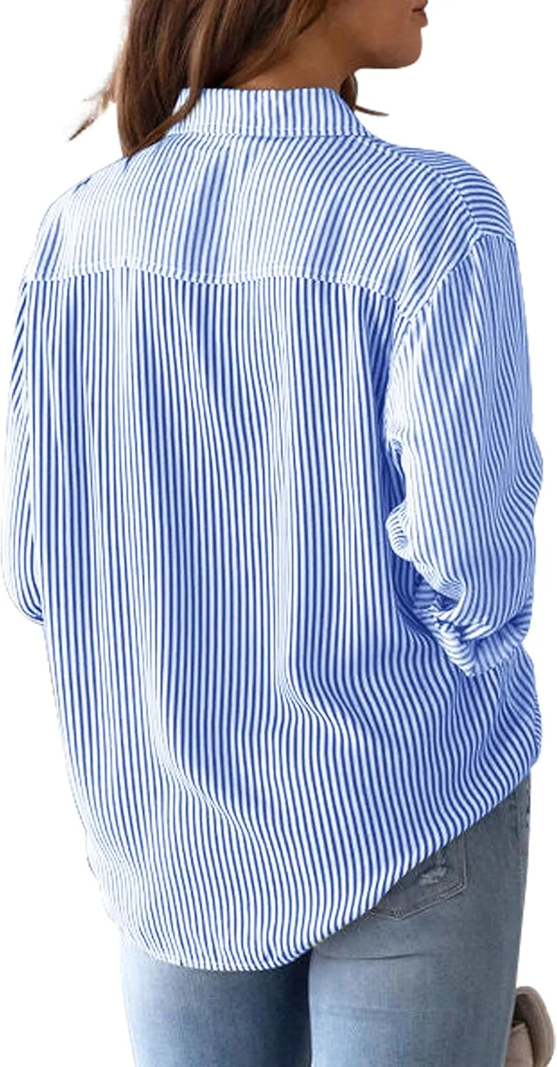 siliteelon Womens Button Down Shirts Cotton Striped Dress Shirt Long Sleeve Collared Office Work Blouses Tops