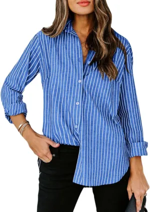 siliteelon Womens Button Down Shirts Cotton Striped Dress Shirt Long Sleeve Collared Office Work Blouses Tops