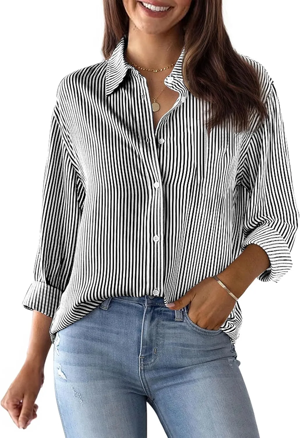 siliteelon Womens Button Down Shirts Cotton Striped Dress Shirt Long Sleeve Collared Office Work Blouses Tops