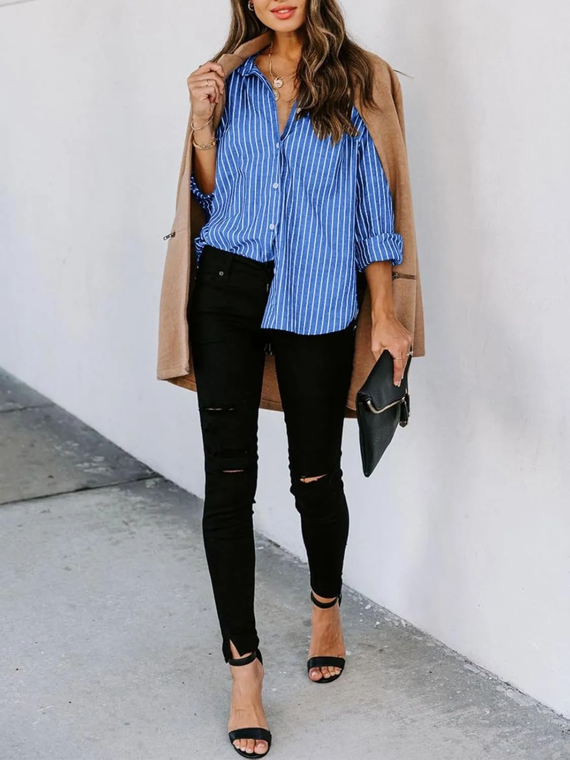 siliteelon Womens Button Down Shirts Cotton Striped Dress Shirt Long Sleeve Collared Office Work Blouses Tops