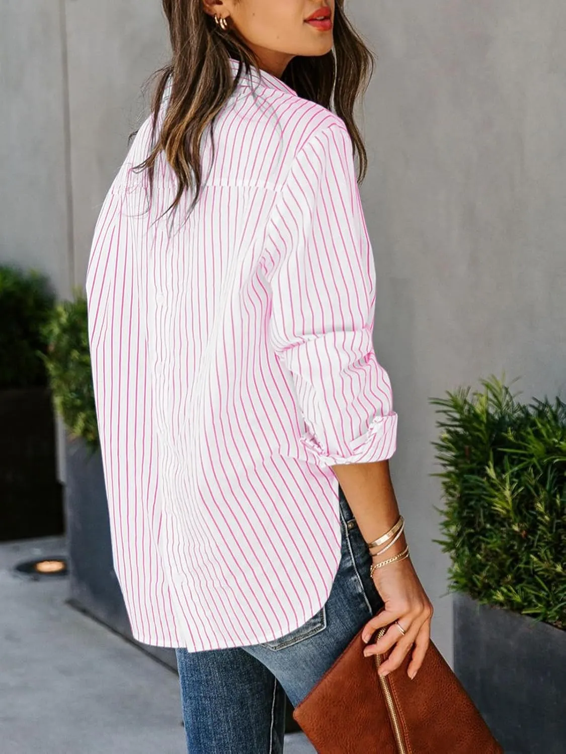 siliteelon Womens Button Down Shirts Cotton Striped Dress Shirt Long Sleeve Collared Office Work Blouses Tops