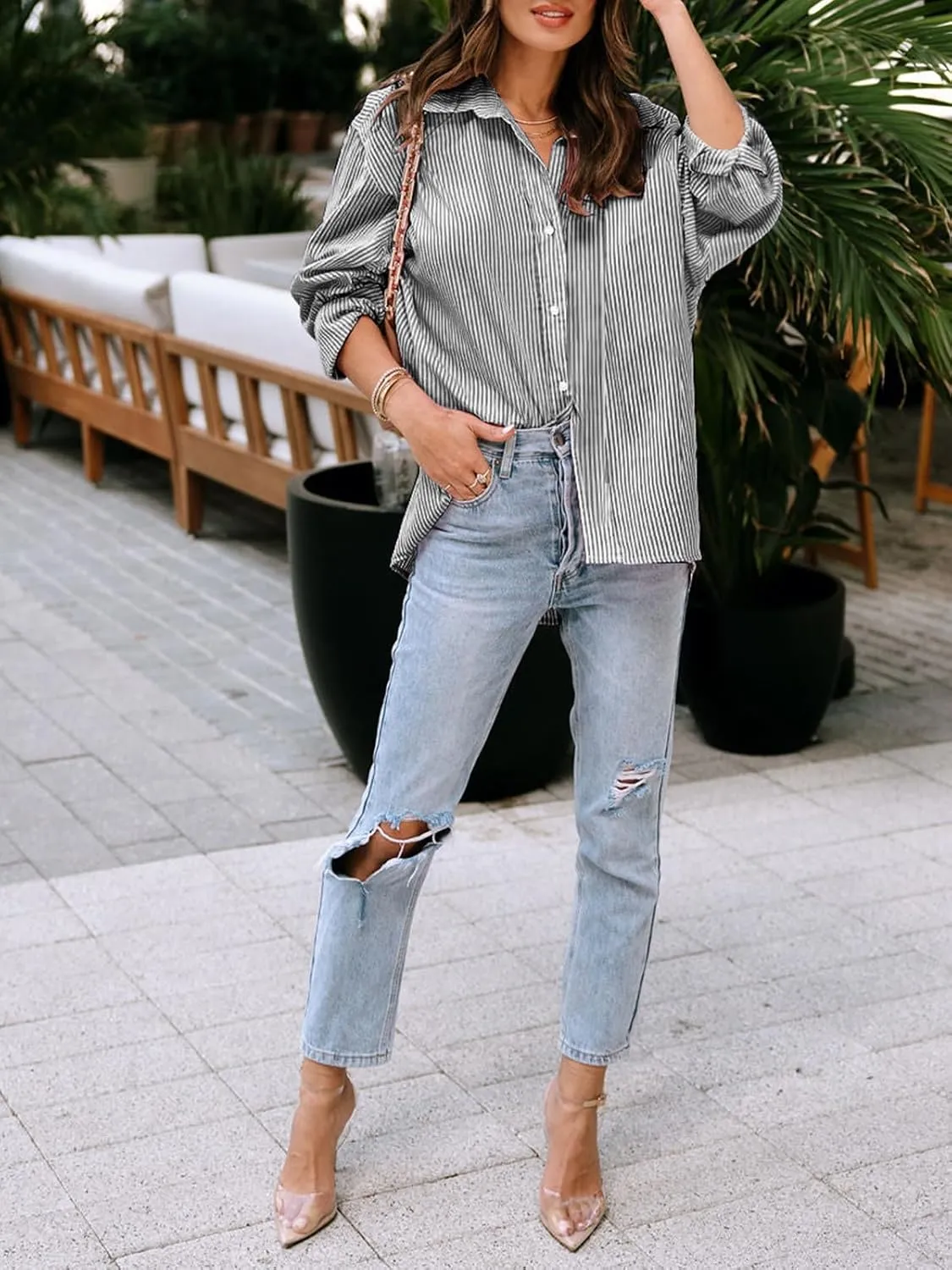 siliteelon Womens Button Down Shirts Cotton Striped Dress Shirt Long Sleeve Collared Office Work Blouses Tops
