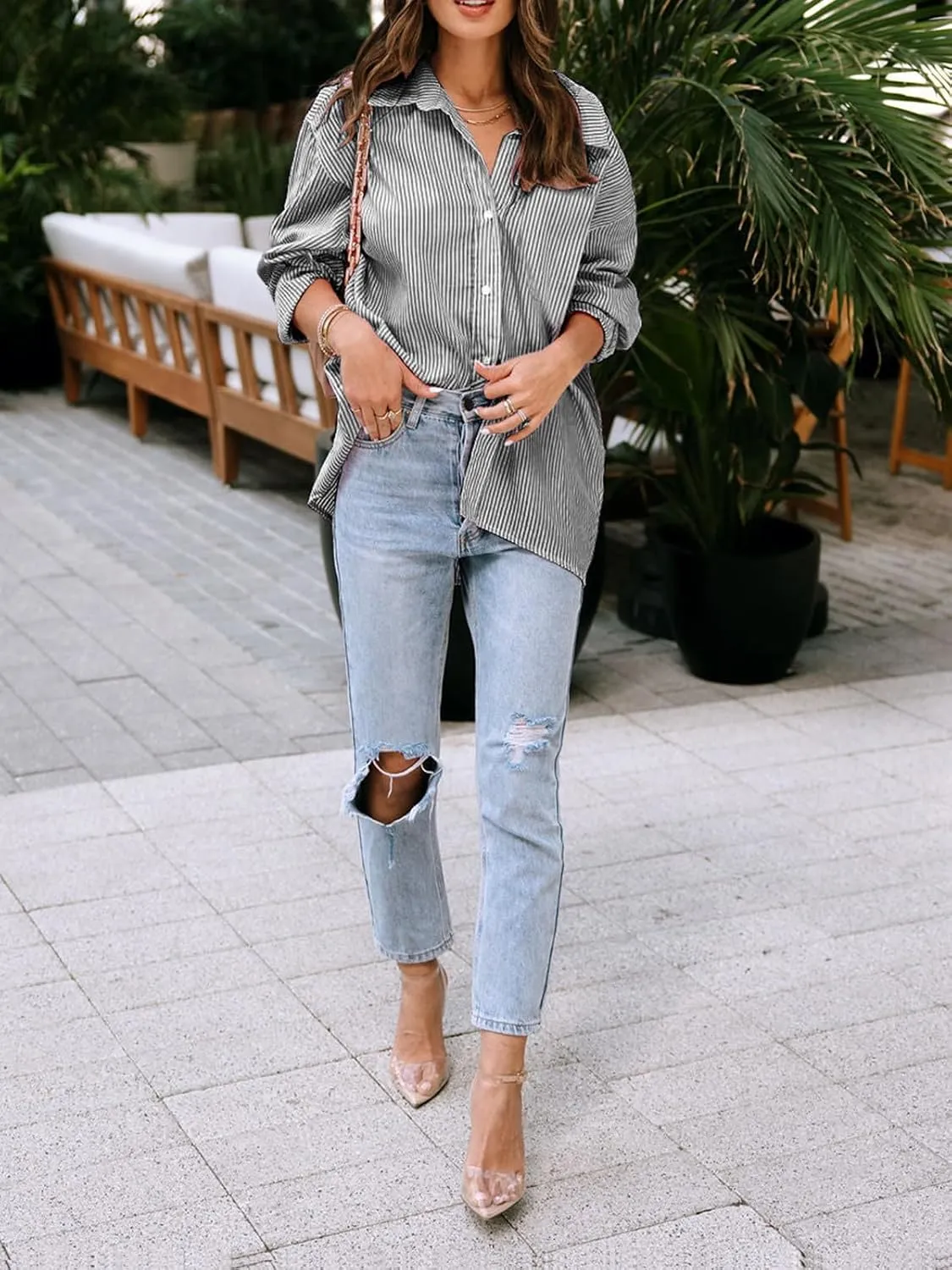 siliteelon Womens Button Down Shirts Cotton Striped Dress Shirt Long Sleeve Collared Office Work Blouses Tops