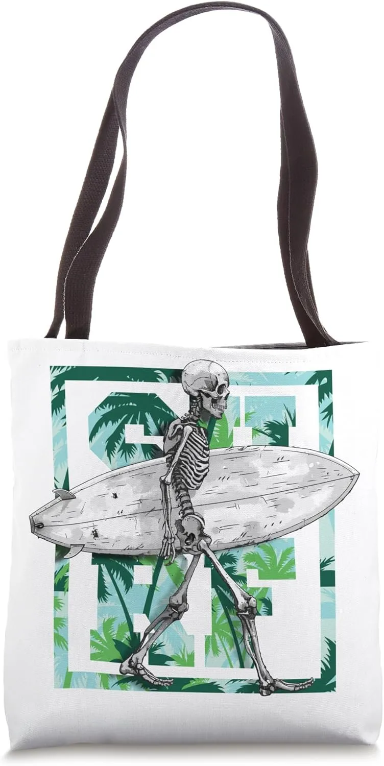 Skeleton surfing, tropical, paradise, wave, aloha, colorful Tote Bag