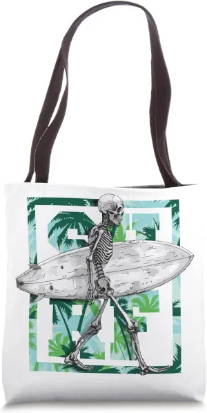 Skeleton surfing, tropical, paradise, wave, aloha, colorful Tote Bag