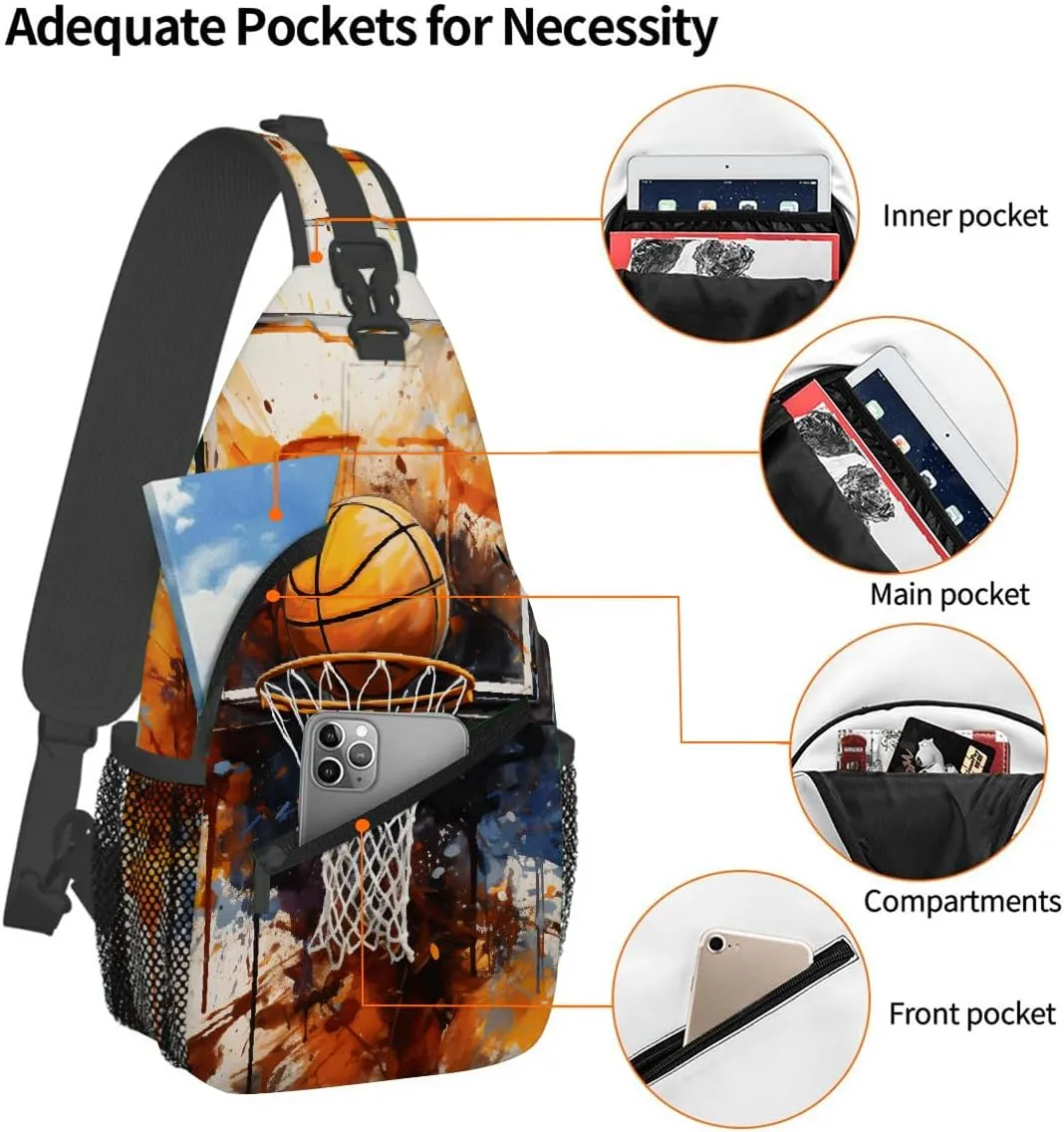 Sling Bag for Women Men, Basketball Sport Fanny Pack Crossbody Backpack Shoulder Belt Bags Chest Purses for Travel Hiking Cycling