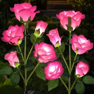 Solar Garden Lights - Realistic 10 Rose Waterproof Solar Powered Flowers for Outside Patio Yard Pathway Decorations, 2 Pack Pink