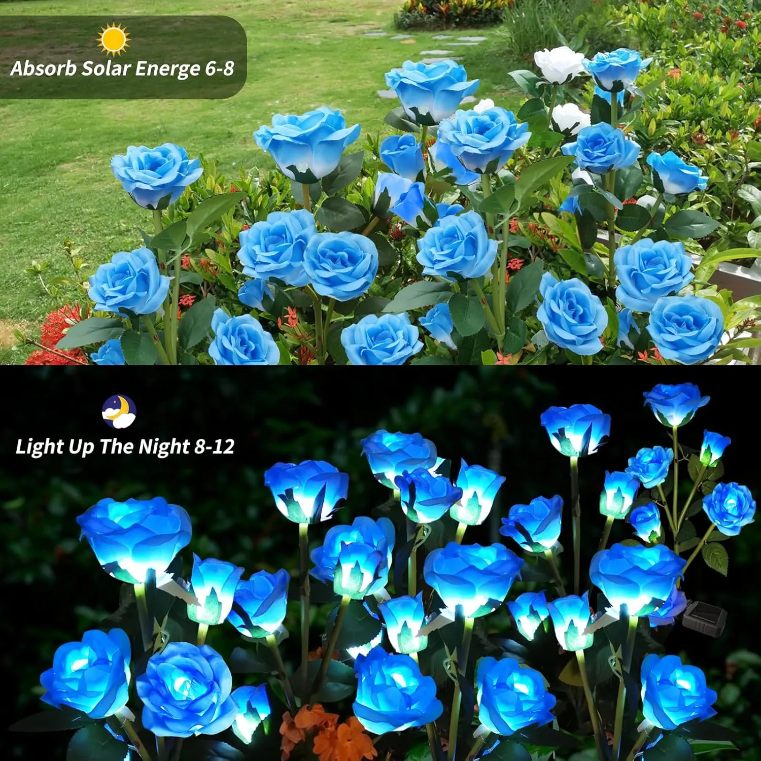 Solar Garden Lights, Solar Outdoor Lights with More Realistic 10 Rose Waterproof Solar Powered Flowers Lights for Outside Patio Yard Pathway Decorations, 2 Pack, Blue