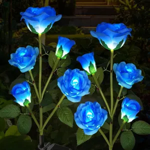 Solar Garden Lights, Solar Outdoor Lights with More Realistic 10 Rose Waterproof Solar Powered Flowers Lights for Outside Patio Yard Pathway Decorations, 2 Pack, Blue
