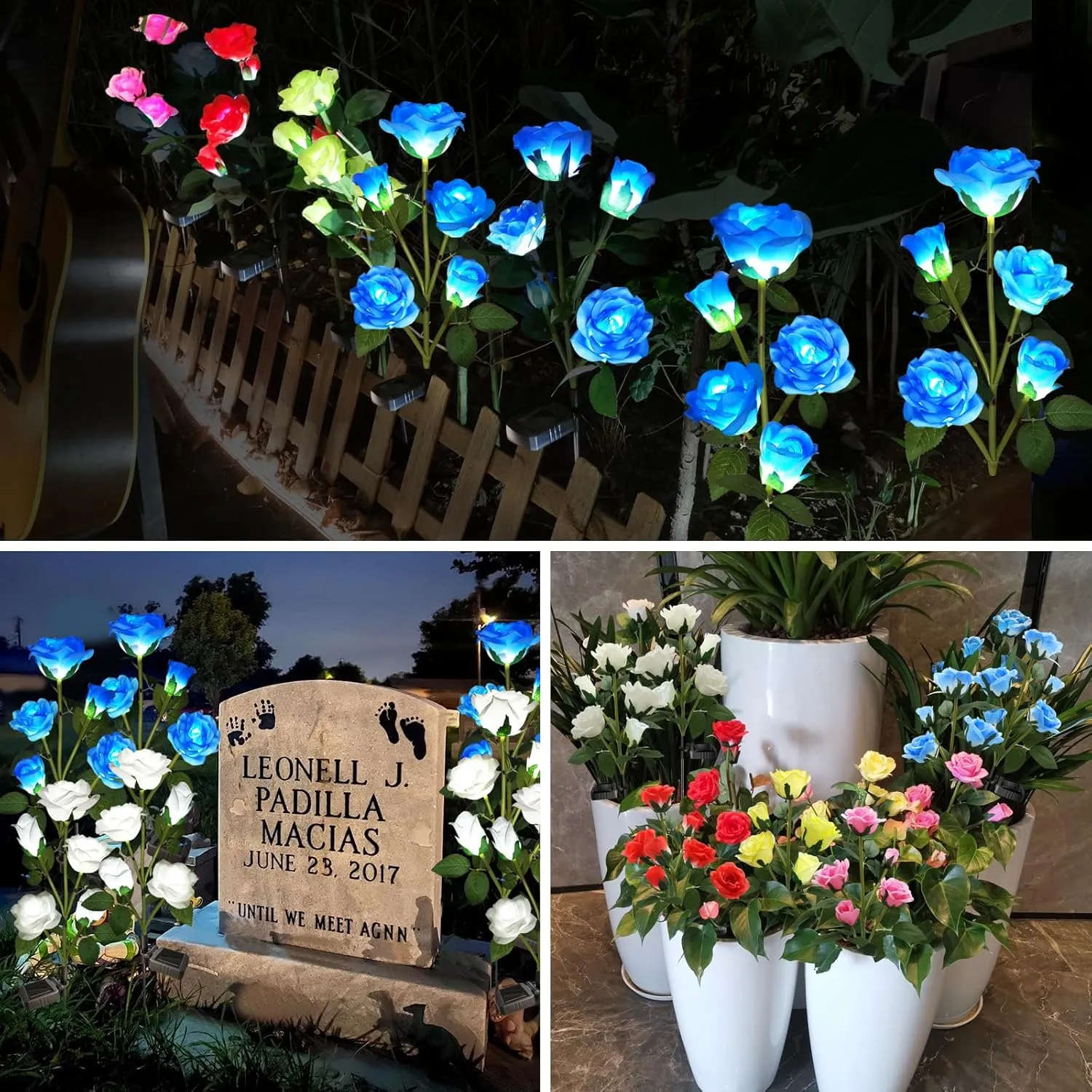 Solar Garden Lights, Solar Outdoor Lights with More Realistic 10 Rose Waterproof Solar Powered Flowers Lights for Outside Patio Yard Pathway Decorations, 2 Pack, Blue