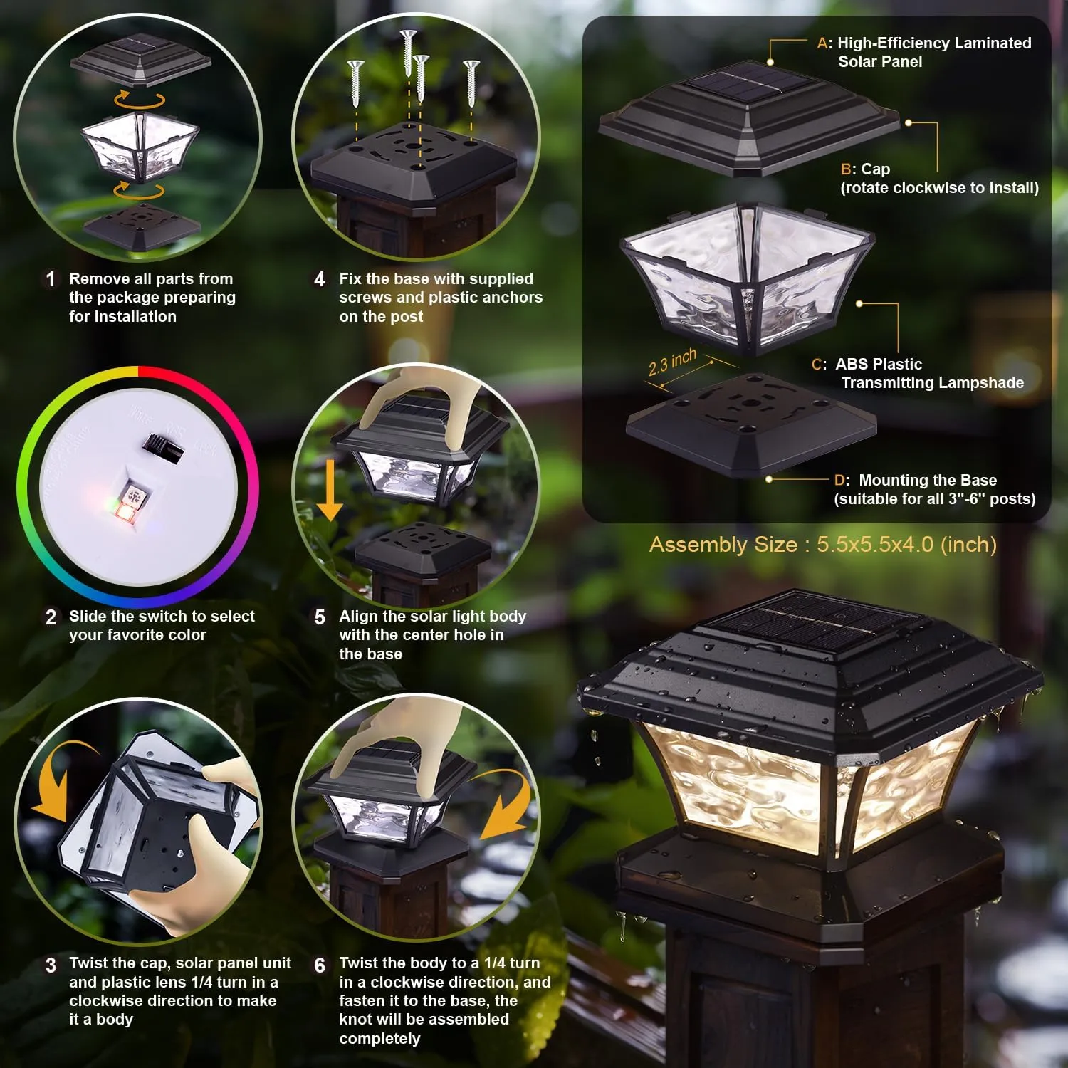 Solar Post Cap Lights, Warm White & RGB Automatic Cycling & Fixed RGB Color, 9 Colors to Choose, 20 Lumens lP65 Waterproof Fit 3.5x3.5 4x4 4.5x4.5 5x5 Wood Post Lights Black (12 Pack)